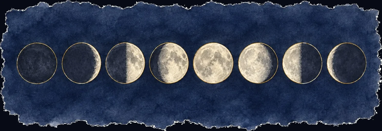 An illustrated sequence from new moon through waxing phases to full moon, then waning phases
